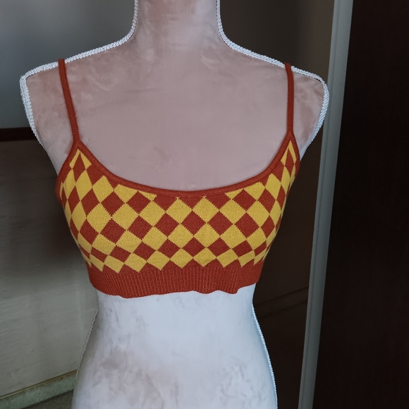 Cider~Houndstooth Checkered Crop Top Retro 90's Inspired Mustard Yellow Brown - Picture 13 of 15